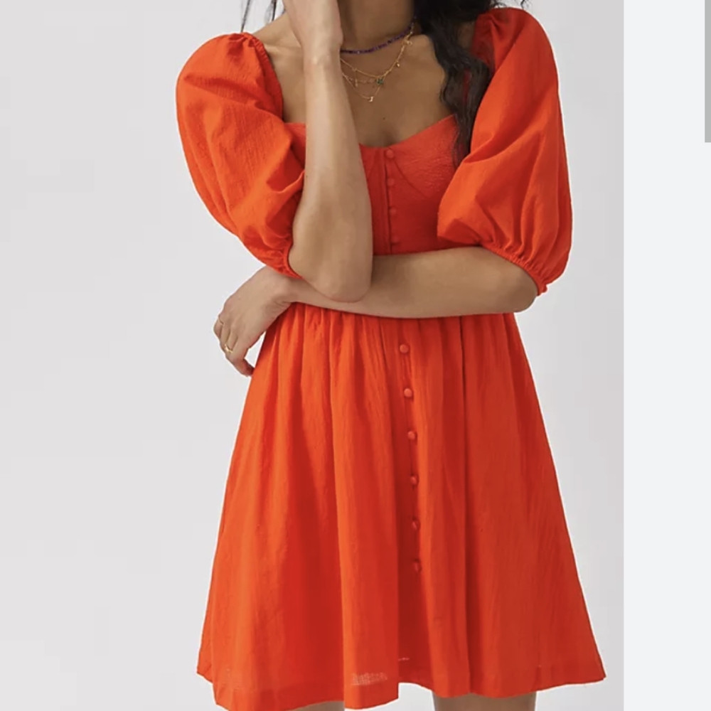 NWOT Anthro Maeve Puff-Sleeved Sweetheart Mini Dress Tangerine S M